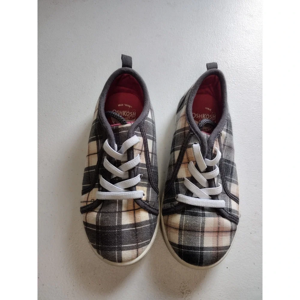 OshKosh Bgosh‎ Kids Plaid Machine Washable Slip On Sneakers Grey Tan 11 SYRUP
